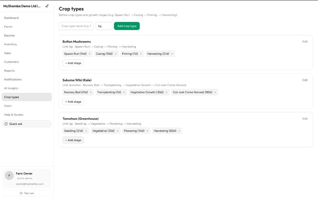 Crop types configuration with custom growth stages