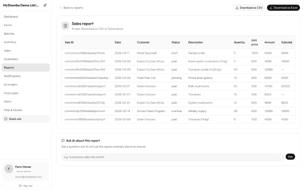 Sales report with detailed table and AI assistant